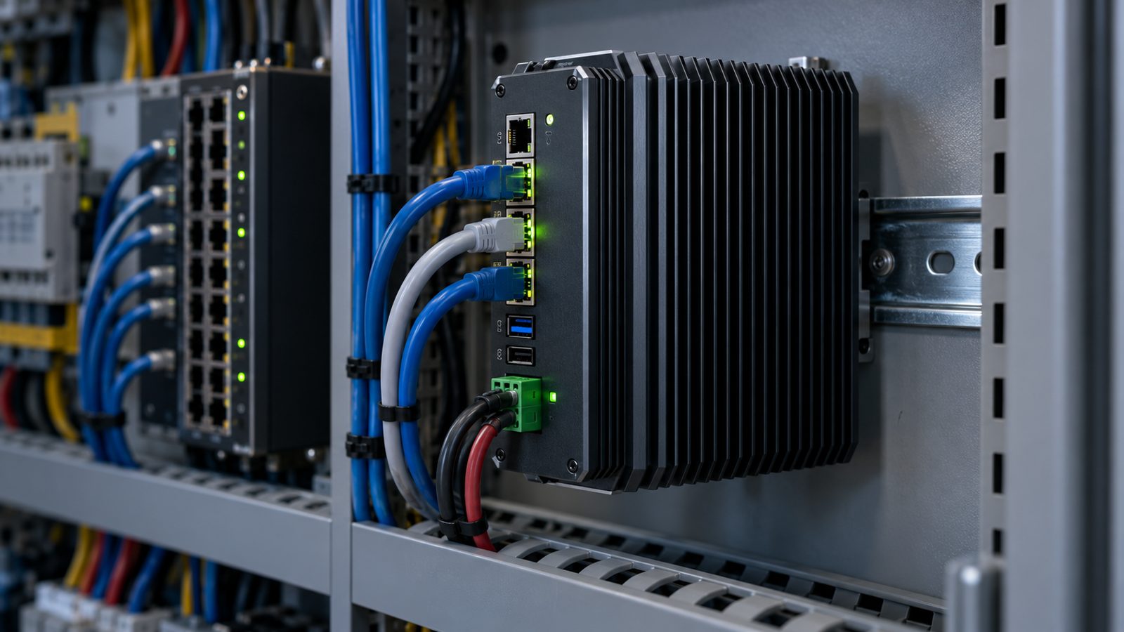 Fanless edge AI computer mounted on a DIN rail inside a control cabinet